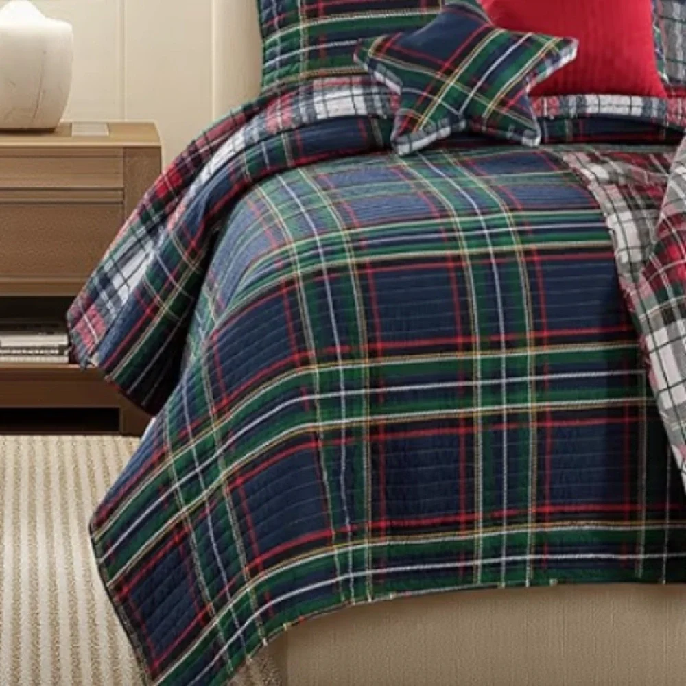 🆕 PB Style Christmas Tartan Plaid Quilt Stewart Print in King Bedding SET shams